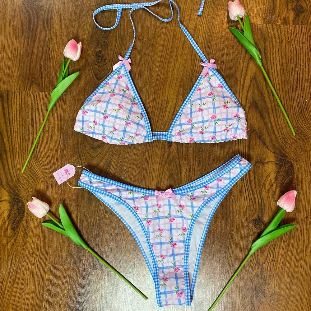🎀🌷 Pink Rose Floral Cute Bow & Blue Gingham Trim Bikini Swimsuit 🌷🎀 NWT